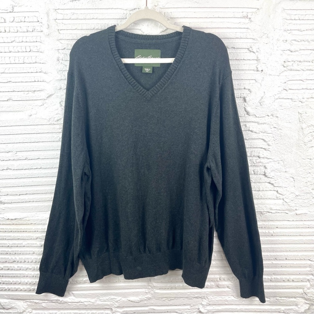 Eddie‎ Bauer Cotton Cashmere Blend V-Neck Sweater Ribbed Cuffs & Hem Gray XXL